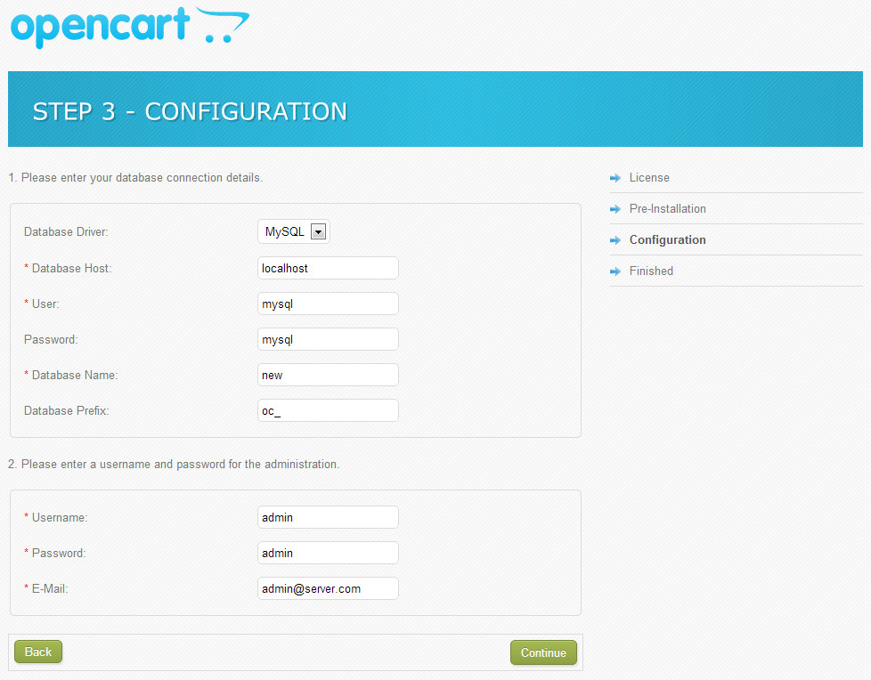 Установка OpenCart: шаг 3